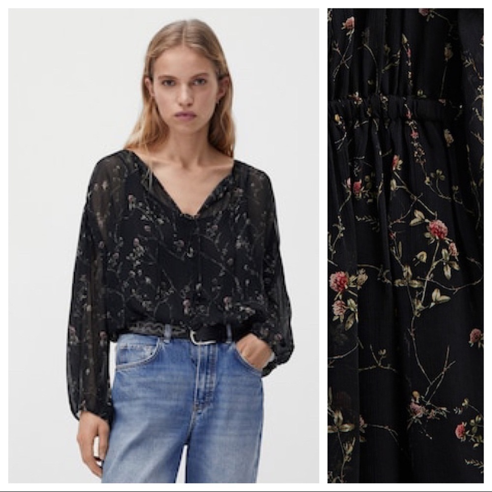 NWT. Massimo Dutti Navy Blue Floral Print Viscose Flowing Blouse. Size 4.